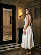 Ivory Stretch Knit A-Line V-Neck Back Zip Tea-Length Bridesmaid Dress - Curvevia