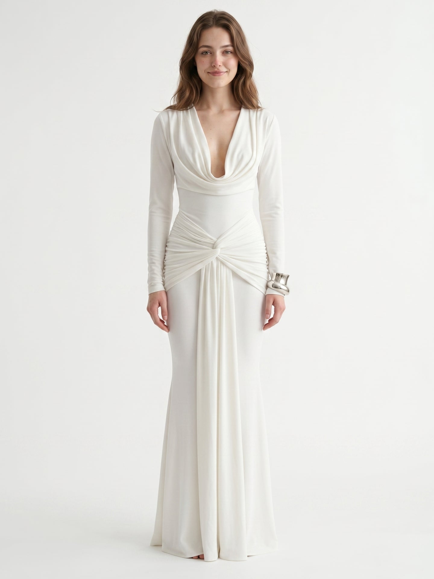 Ivory Stretch Knit Mermaid Cowl Neck Back Zip Floor-Length Pleated Bridesmaid Dress - Curvevia