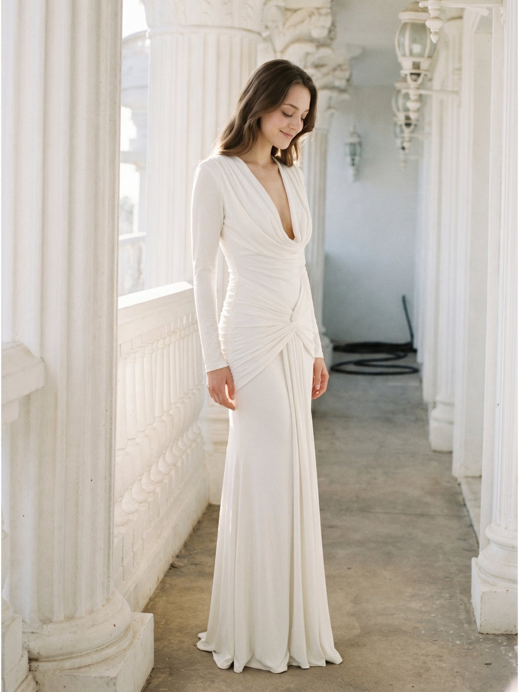 Ivory Stretch Knit Mermaid Cowl Neck Back Zip Floor-Length Pleated Bridesmaid Dress - Curvevia
