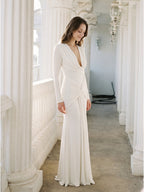 Ivory Stretch Knit Mermaid Cowl Neck Back Zip Floor-Length Pleated Bridesmaid Dress - Curvevia