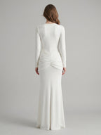 Ivory Stretch Knit Mermaid Cowl Neck Back Zip Floor-Length Pleated Bridesmaid Dress - Curvevia