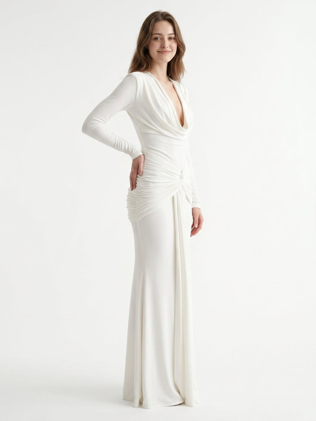 Ivory Stretch Knit Mermaid Cowl Neck Back Zip Floor-Length Pleated Bridesmaid Dress - Curvevia