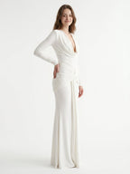 Ivory Stretch Knit Mermaid Cowl Neck Back Zip Floor-Length Pleated Bridesmaid Dress - Curvevia