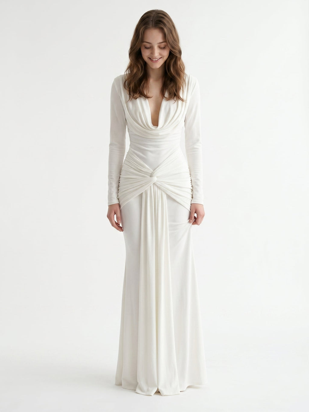 Ivory Stretch Knit Mermaid Cowl Neck Back Zip Floor-Length Pleated Bridesmaid Dress - Curvevia