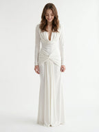 Ivory Stretch Knit Mermaid Cowl Neck Back Zip Floor-Length Pleated Bridesmaid Dress - Curvevia