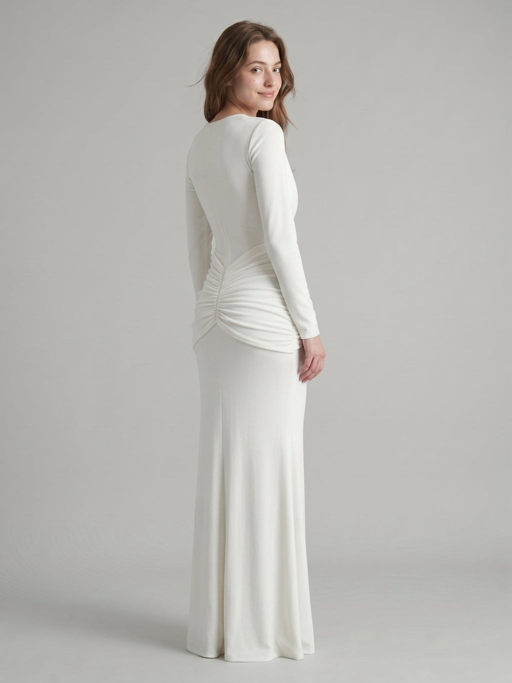 Ivory Stretch Knit Mermaid Cowl Neck Back Zip Floor-Length Pleated Bridesmaid Dress - Curvevia