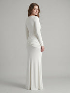 Ivory Stretch Knit Mermaid Cowl Neck Back Zip Floor-Length Pleated Bridesmaid Dress - Curvevia