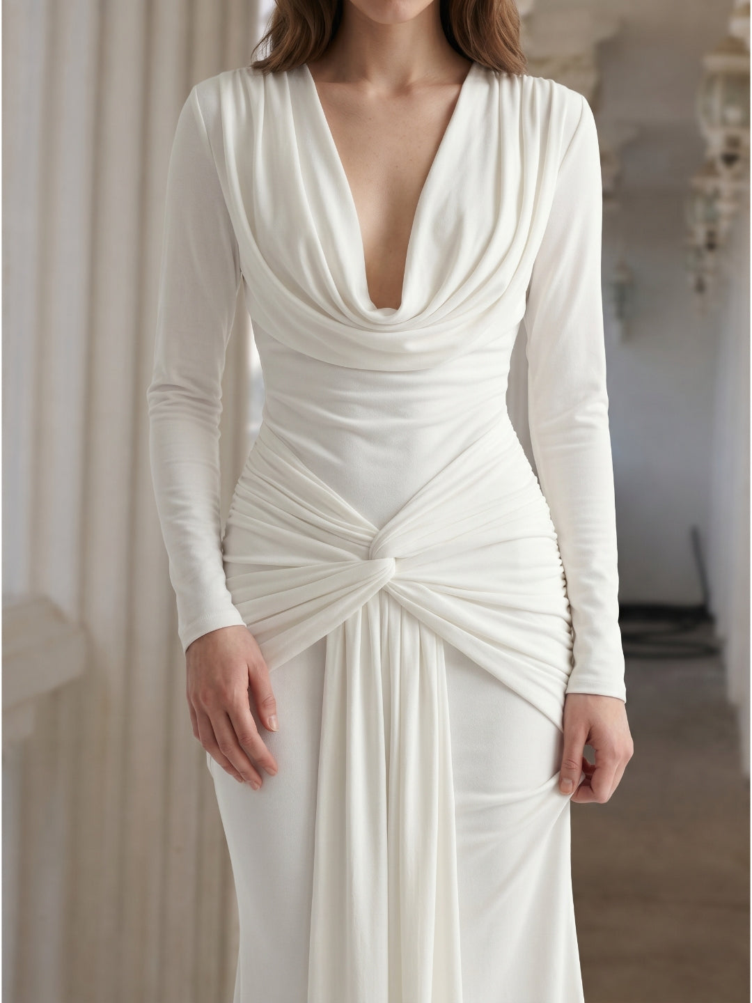 Ivory Stretch Knit Mermaid Cowl Neck Back Zip Floor-Length Pleated Bridesmaid Dress - Curvevia