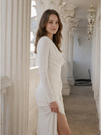 Ivory Stretch Knit Mermaid Cowl Neck Back Zip Floor-Length Pleated Bridesmaid Dress - Curvevia