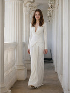 Ivory Stretch Knit Mermaid Cowl Neck Back Zip Floor-Length Pleated Bridesmaid Dress - Curvevia