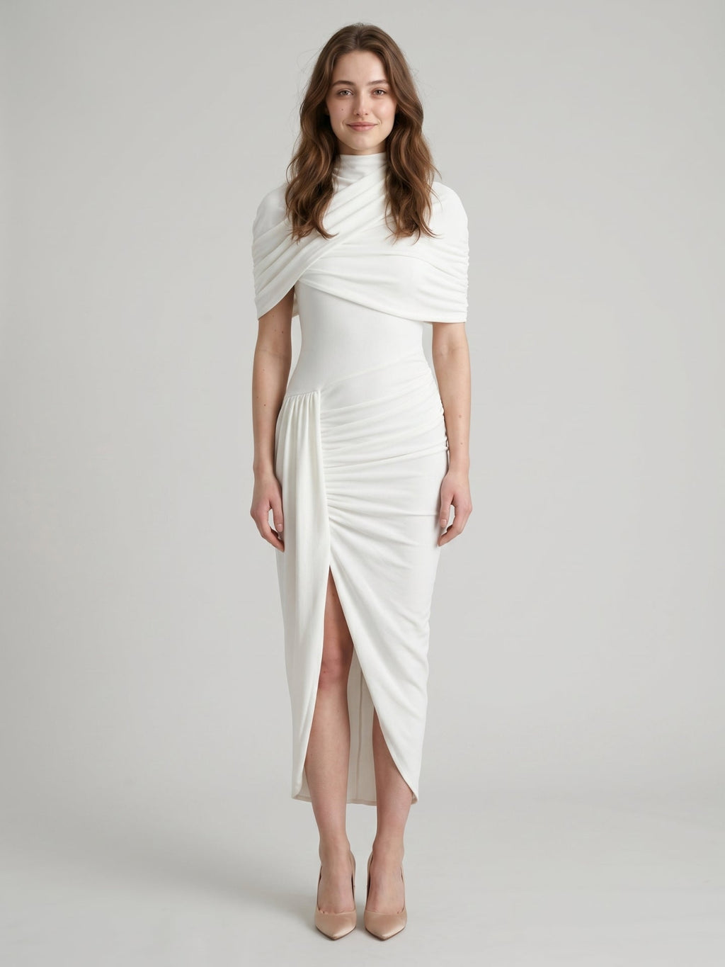 Ivory Stretch Knit Mermaid Cowl Neck Keyhole Back Tea-Length Pleated Bridesmaid Dress - Curvevia