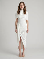 Ivory Stretch Knit Mermaid Cowl Neck Keyhole Back Tea-Length Pleated Bridesmaid Dress - Curvevia
