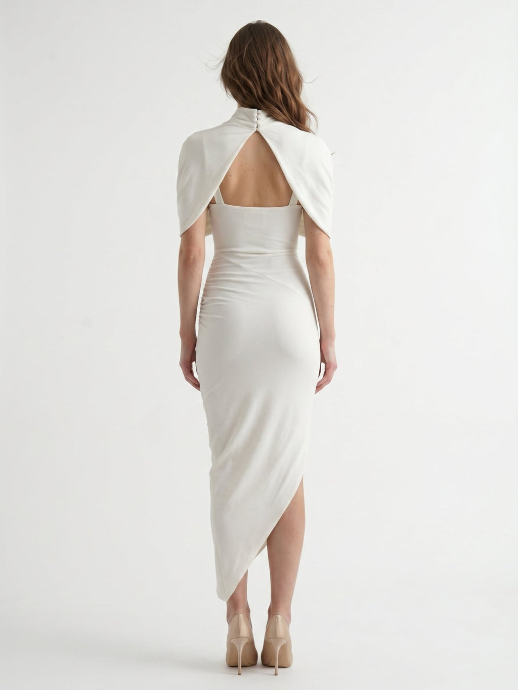 Ivory Stretch Knit Mermaid Cowl Neck Keyhole Back Tea-Length Pleated Bridesmaid Dress - Curvevia