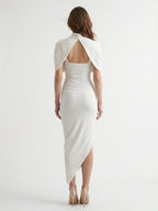 Ivory Stretch Knit Mermaid Cowl Neck Keyhole Back Tea-Length Pleated Bridesmaid Dress - Curvevia