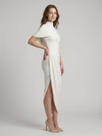 Ivory Stretch Knit Mermaid Cowl Neck Keyhole Back Tea-Length Pleated Bridesmaid Dress - Curvevia