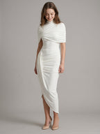 Ivory Stretch Knit Mermaid Cowl Neck Keyhole Back Tea-Length Pleated Bridesmaid Dress - Curvevia