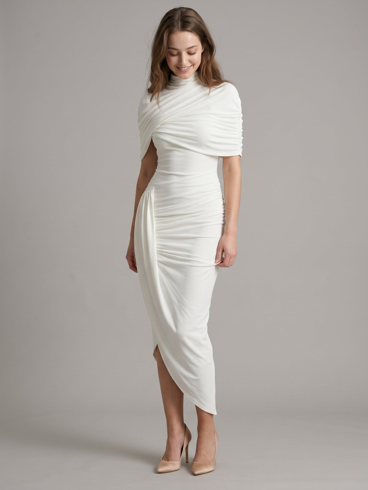 Ivory Stretch Knit Mermaid Cowl Neck Keyhole Back Tea-Length Pleated Bridesmaid Dress - Curvevia