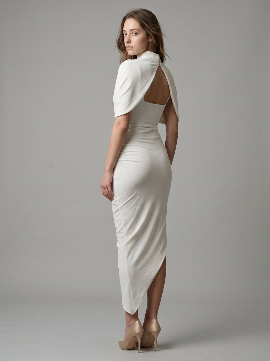 Ivory Stretch Knit Mermaid Cowl Neck Keyhole Back Tea-Length Pleated Bridesmaid Dress - Curvevia