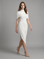 Ivory Stretch Knit Mermaid Cowl Neck Keyhole Back Tea-Length Pleated Bridesmaid Dress - Curvevia