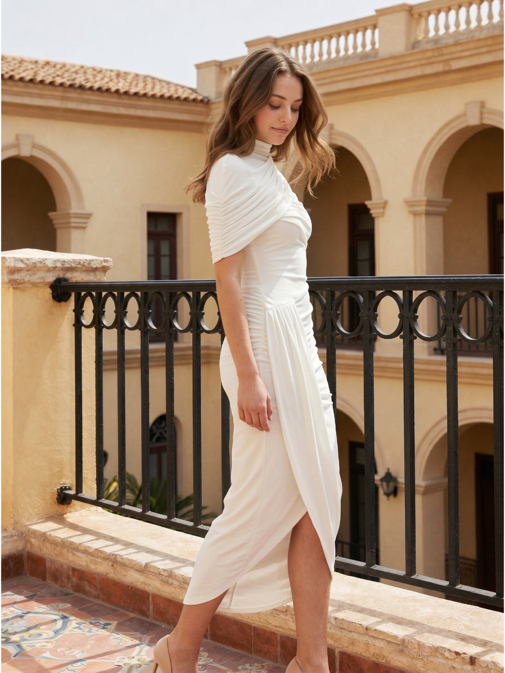 Ivory Stretch Knit Mermaid Cowl Neck Keyhole Back Tea-Length Pleated Bridesmaid Dress - Curvevia