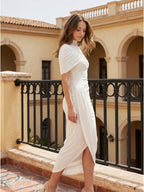 Ivory Stretch Knit Mermaid Cowl Neck Keyhole Back Tea-Length Pleated Bridesmaid Dress - Curvevia