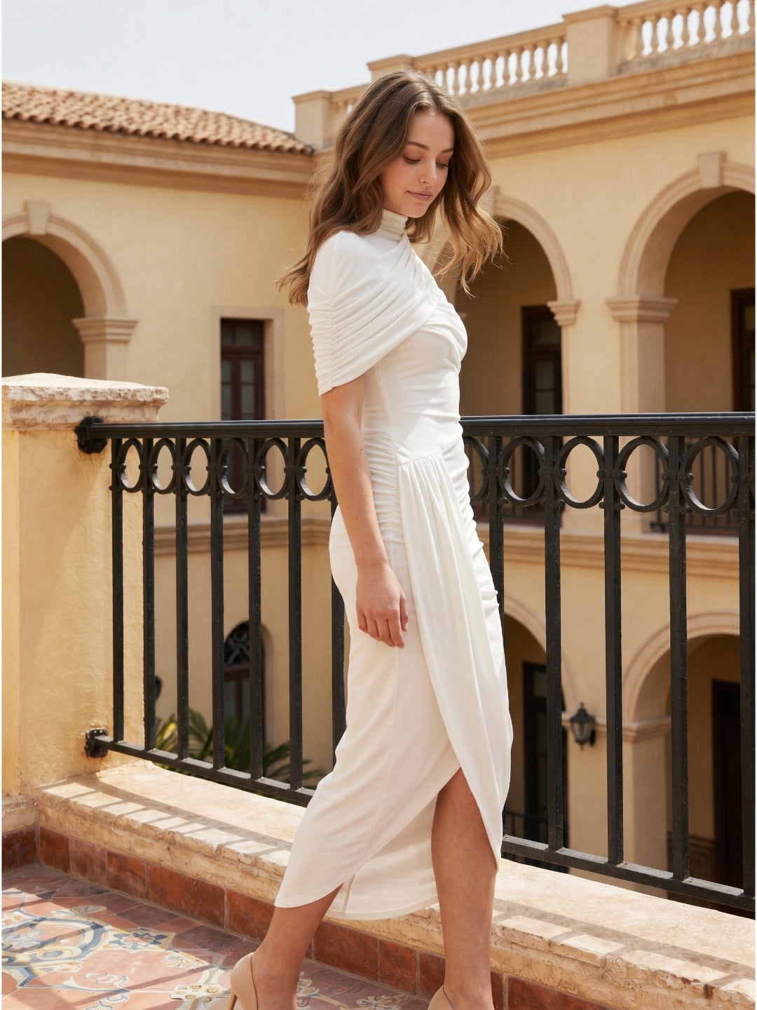 Ivory Stretch Knit Mermaid Cowl Neck Keyhole Back Tea-Length Pleated Bridesmaid Dress - Curvevia