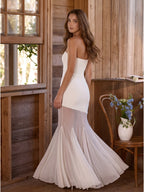 Ivory Stretch Knit Mermaid Straight Neck Backless Floor-Length Bridesmaid Dress - Curvevia