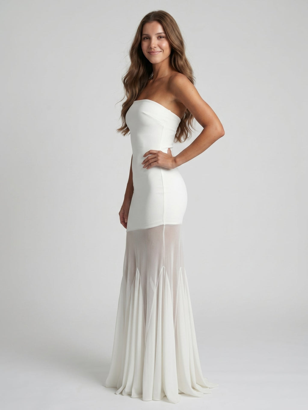 Ivory Stretch Knit Mermaid Straight Neck Backless Floor-Length Bridesmaid Dress - Curvevia
