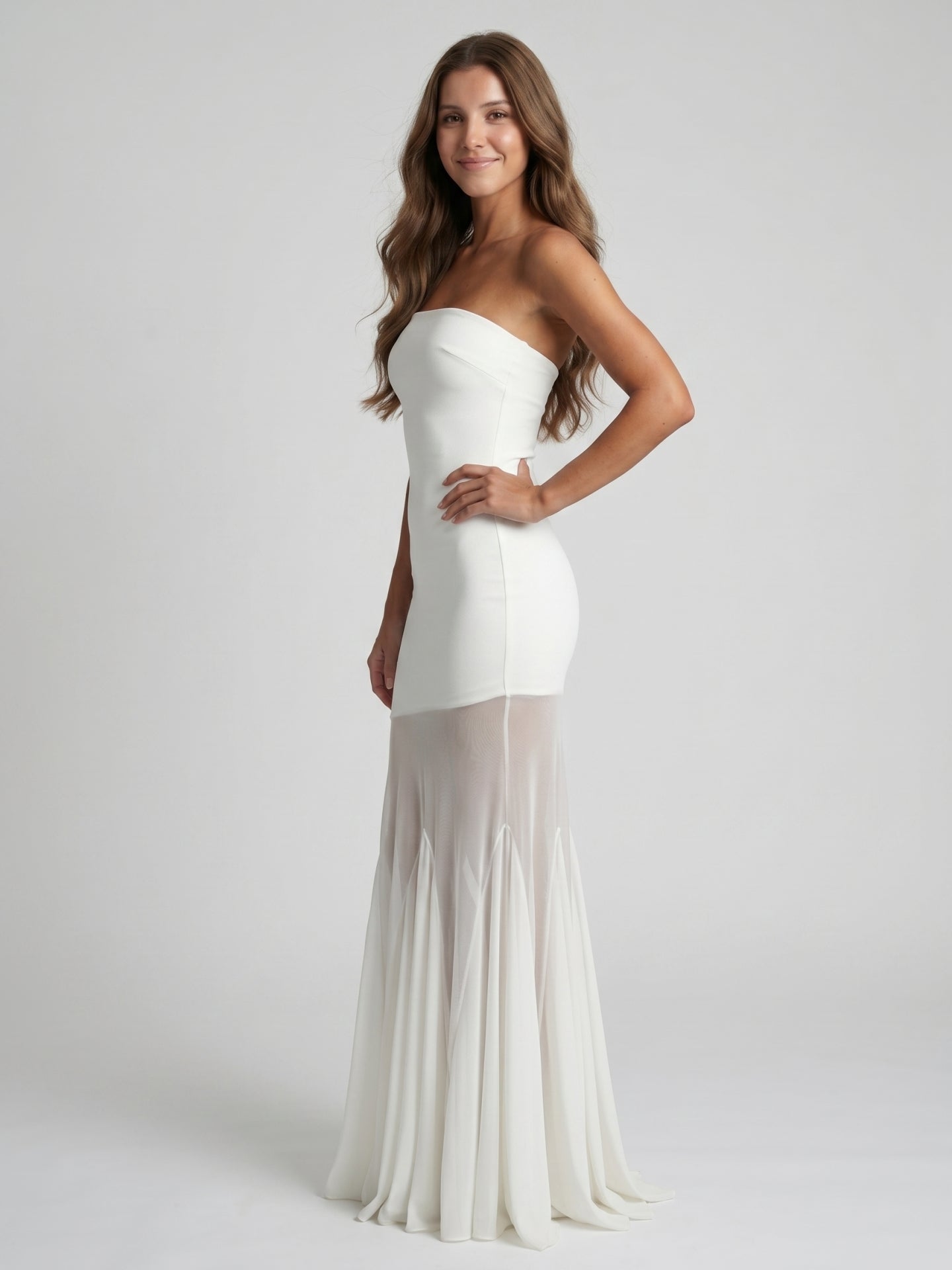 Ivory Stretch Knit Mermaid Straight Neck Backless Floor-Length Bridesmaid Dress - Curvevia