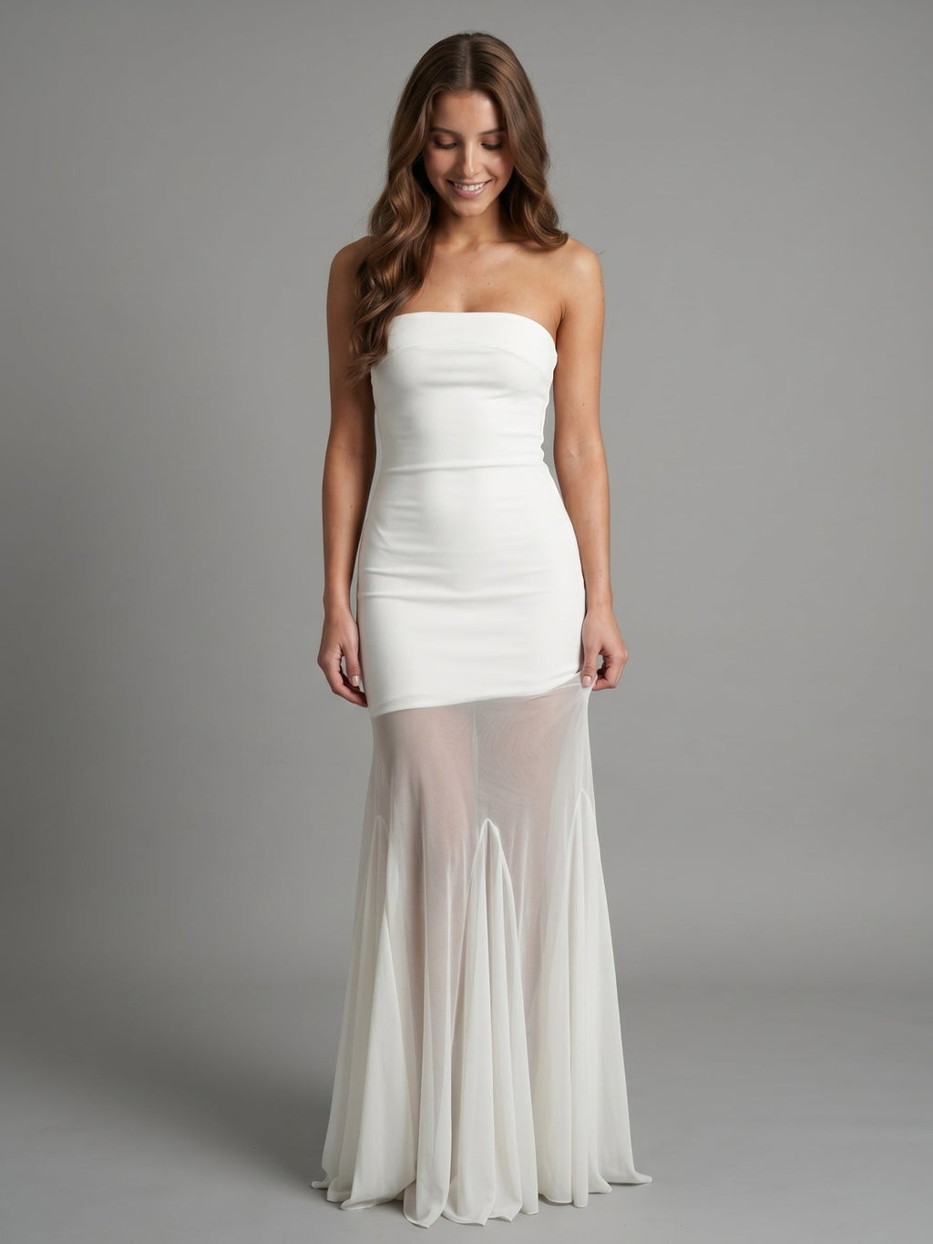 Ivory Stretch Knit Mermaid Straight Neck Backless Floor-Length Bridesmaid Dress - Curvevia