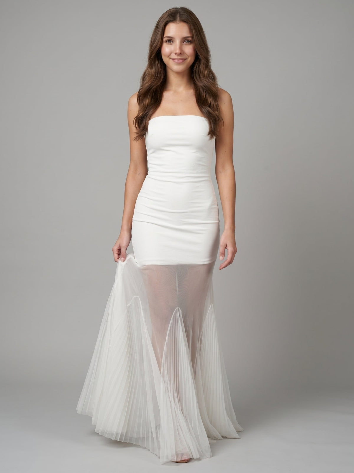 Ivory Stretch Knit Mermaid Straight Neck Backless Floor-Length Bridesmaid Dress - Curvevia