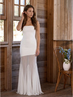 Ivory Stretch Knit Mermaid Straight Neck Backless Floor-Length Bridesmaid Dress - Curvevia