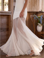 Ivory Stretch Knit Mermaid Straight Neck Backless Floor-Length Bridesmaid Dress - Curvevia