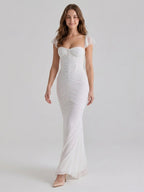 Ivory Stretch Knit Mermaid Sweetheart Backless Floor-Length Pleated Bridesmaid Dress - Curvevia