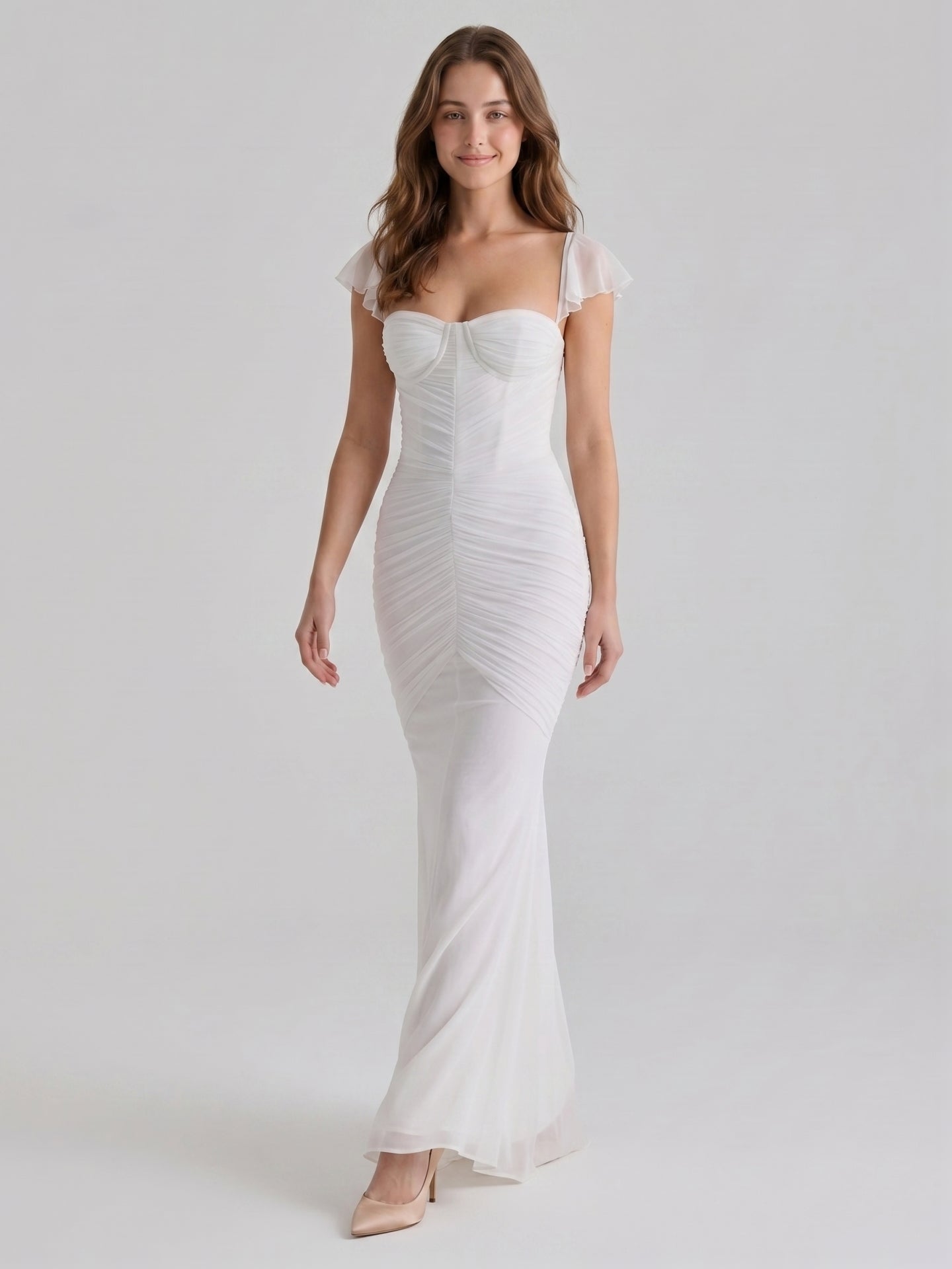 Ivory Stretch Knit Mermaid Sweetheart Backless Floor-Length Pleated Bridesmaid Dress - Curvevia