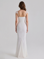 Ivory Stretch Knit Mermaid Sweetheart Backless Floor-Length Pleated Bridesmaid Dress - Curvevia