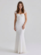 Ivory Stretch Knit Mermaid Sweetheart Backless Floor-Length Pleated Bridesmaid Dress - Curvevia
