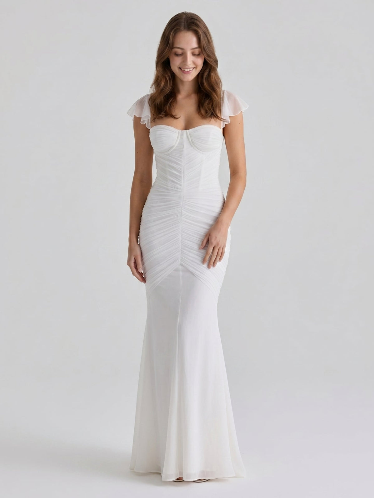 Ivory Stretch Knit Mermaid Sweetheart Backless Floor-Length Pleated Bridesmaid Dress - Curvevia