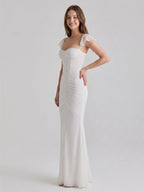 Ivory Stretch Knit Mermaid Sweetheart Backless Floor-Length Pleated Bridesmaid Dress - Curvevia