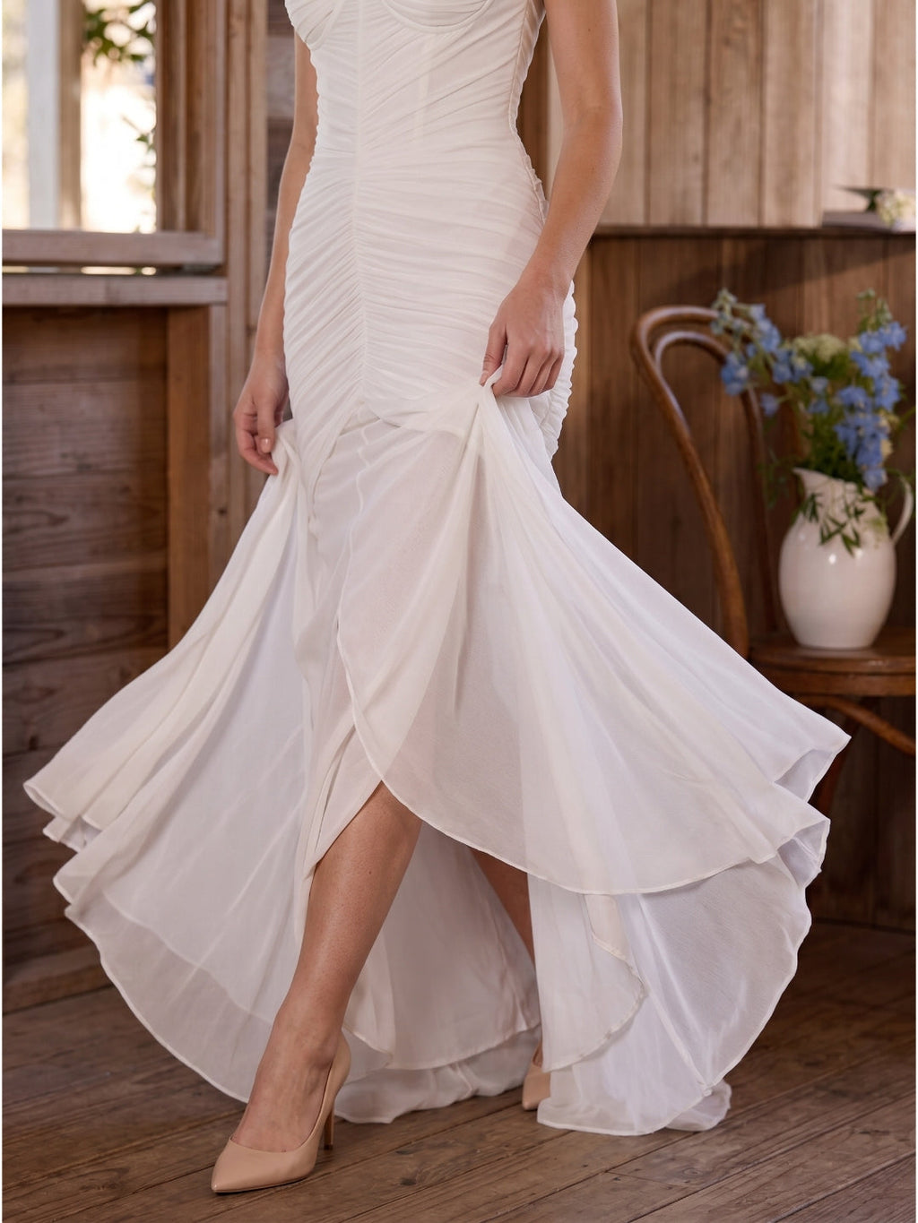 Ivory Stretch Knit Mermaid Sweetheart Backless Floor-Length Pleated Bridesmaid Dress - Curvevia
