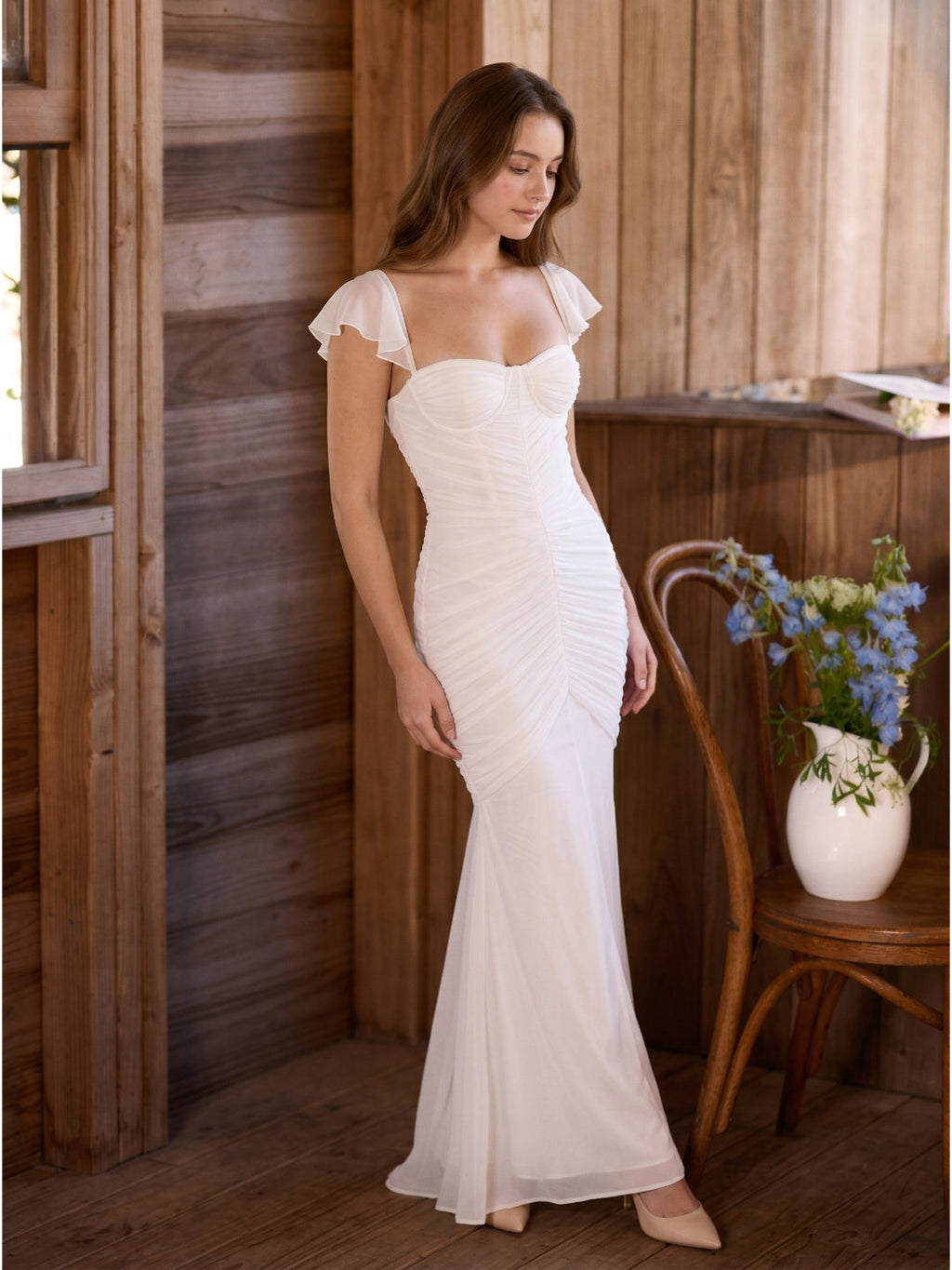 Ivory Stretch Knit Mermaid Sweetheart Backless Floor-Length Pleated Bridesmaid Dress - Curvevia