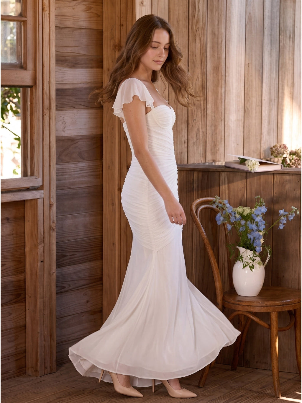 Ivory Stretch Knit Mermaid Sweetheart Backless Floor-Length Pleated Bridesmaid Dress - Curvevia