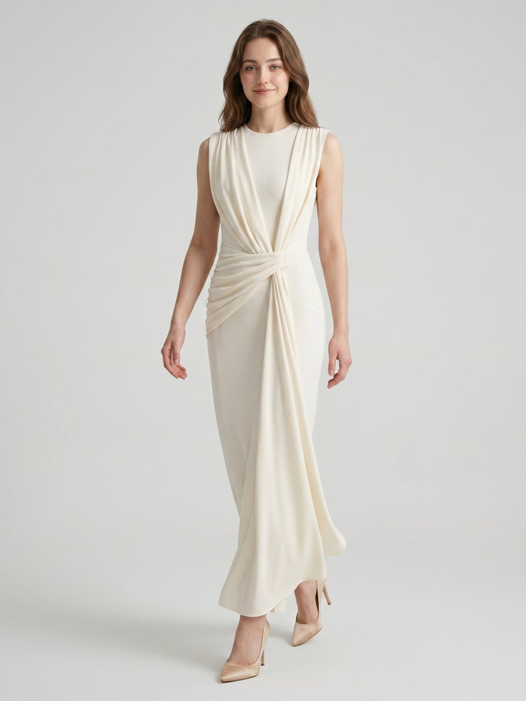 Ivory Stretch Knit Scoop Neck Back Zip Floor-Length Pleated Bridesmaid Dress - Curvevia