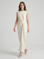 Ivory Stretch Knit Scoop Neck Back Zip Floor-Length Pleated Bridesmaid Dress - Curvevia