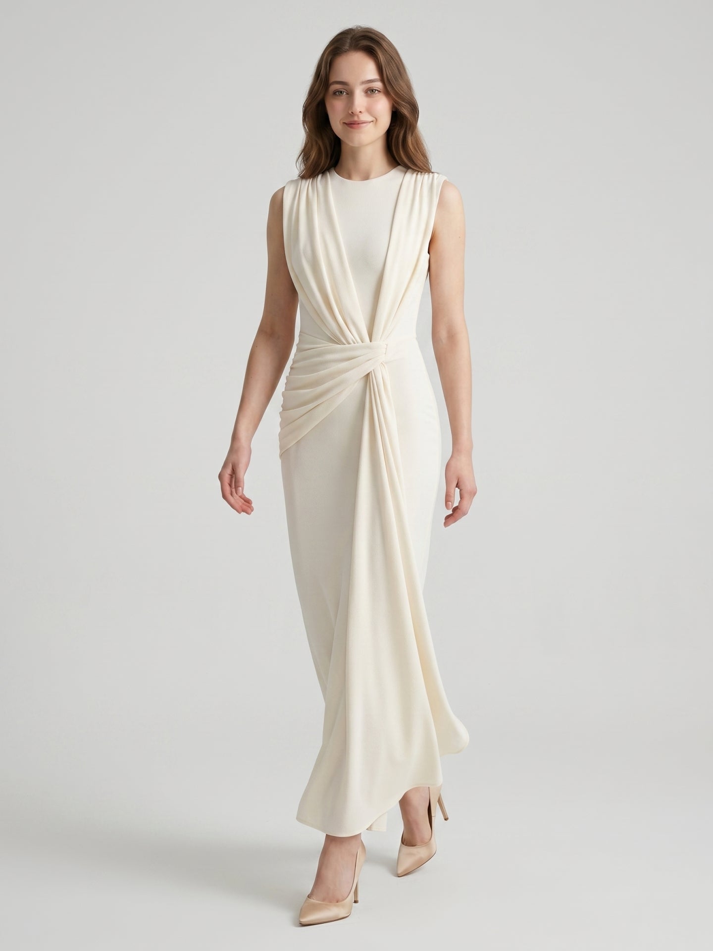 Ivory Stretch Knit Scoop Neck Back Zip Floor-Length Pleated Bridesmaid Dress - Curvevia