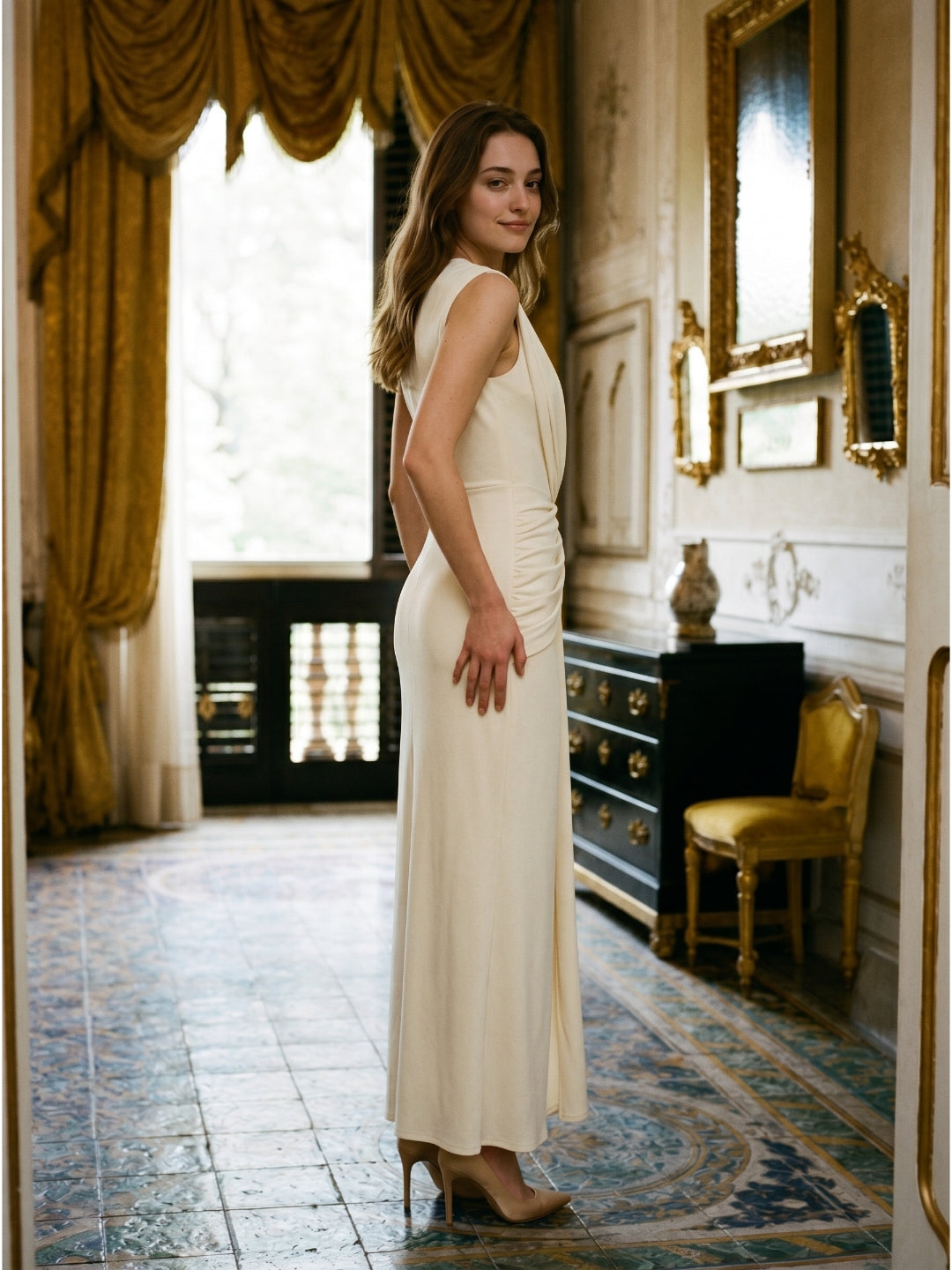 Ivory Stretch Knit Scoop Neck Back Zip Floor-Length Pleated Bridesmaid Dress - Curvevia