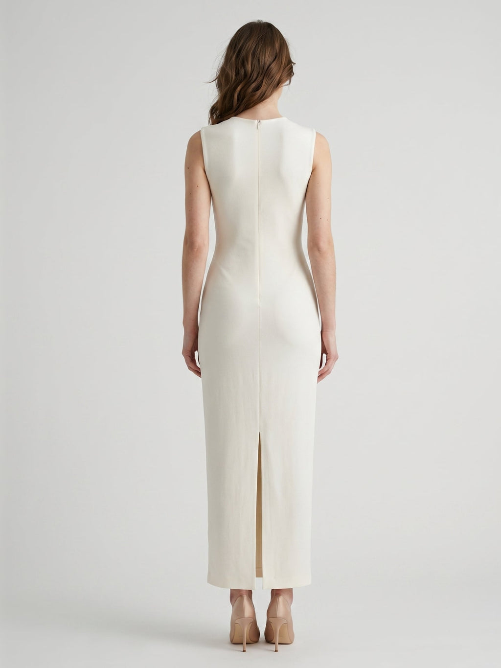 Ivory Stretch Knit Scoop Neck Back Zip Floor-Length Pleated Bridesmaid Dress - Curvevia
