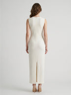 Ivory Stretch Knit Scoop Neck Back Zip Floor-Length Pleated Bridesmaid Dress - Curvevia