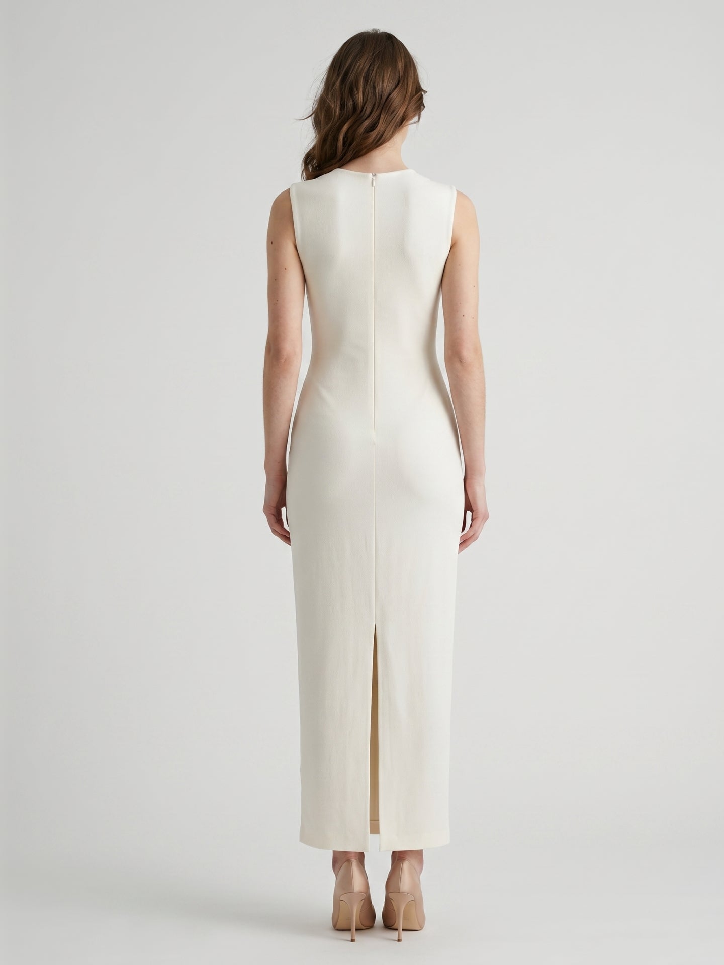 Ivory Stretch Knit Scoop Neck Back Zip Floor-Length Pleated Bridesmaid Dress - Curvevia