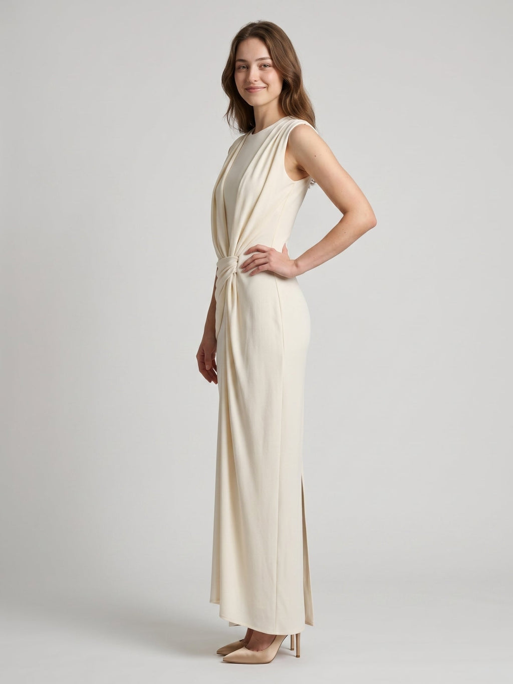 Ivory Stretch Knit Scoop Neck Back Zip Floor-Length Pleated Bridesmaid Dress - Curvevia